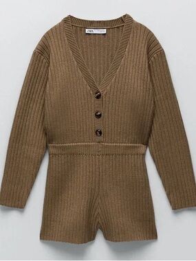 Zara Camel Ribbed V-Neck Buttoned romper